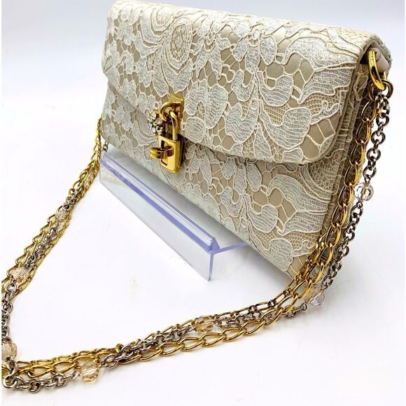 Auth Dolce & Gabbana Floral Lace Taormina Clutch Gold Silver Chains Straps - Picture 11 of 16